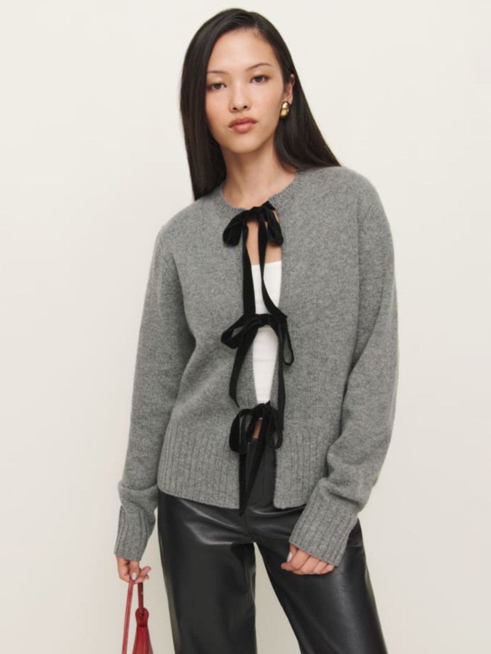 Reformation Gray Wool Cardigan with Black Bow Ties